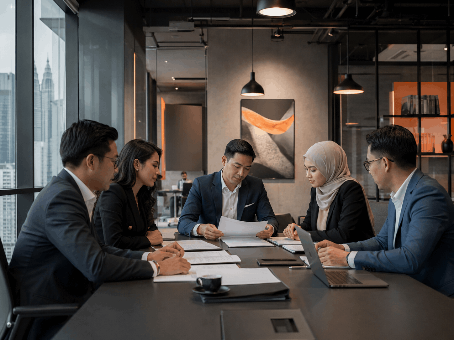 Lawyers reviewing startup contracts in a modern urban office